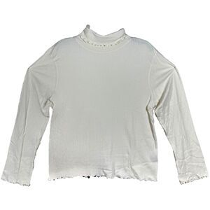 J Jill Womens Ivory Embroidery Long Sleeve Turtleneck Cotton Fringed Pullover XL